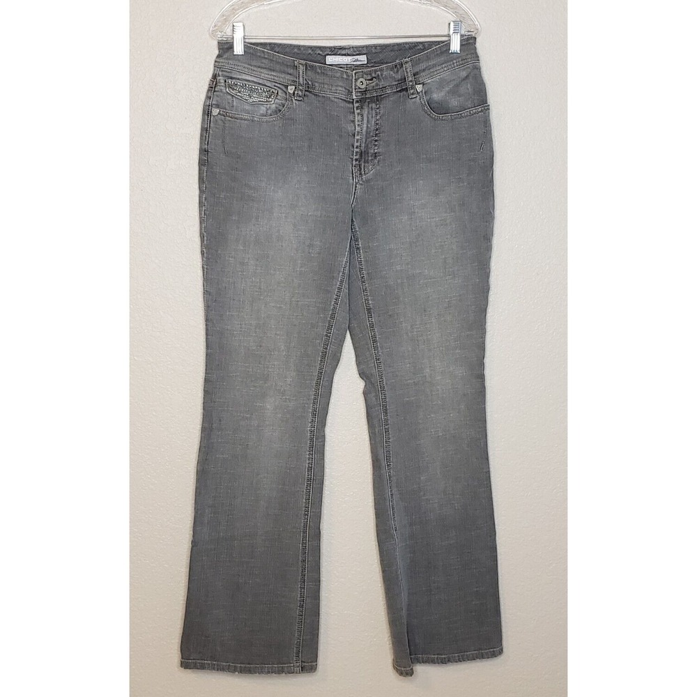 Chico's Platinum Womens Jeans 1 Reg Gray Flare Leg Sequin Back Mid Rise‎ Stretch